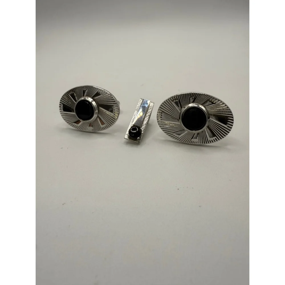 Men's Unbranded Silver & Black One Size Cuff Links & Tie Clip Set